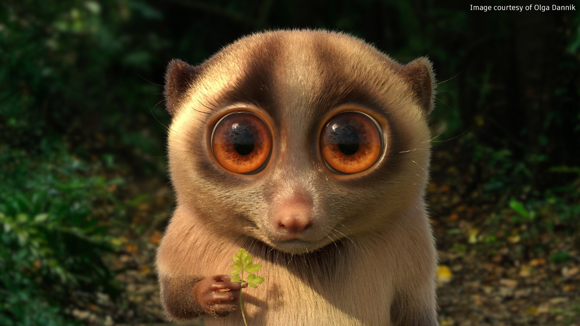 Lemure con occhi grandi di un cartone animato 3D che tiene stretta una foglia