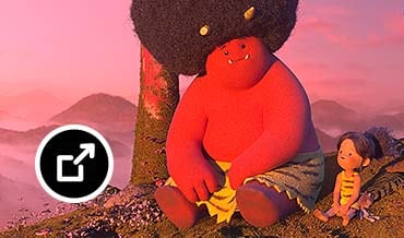 Two characters from the animated series Oni: Thunder God’s Tale, sitting on a hill at sunset 