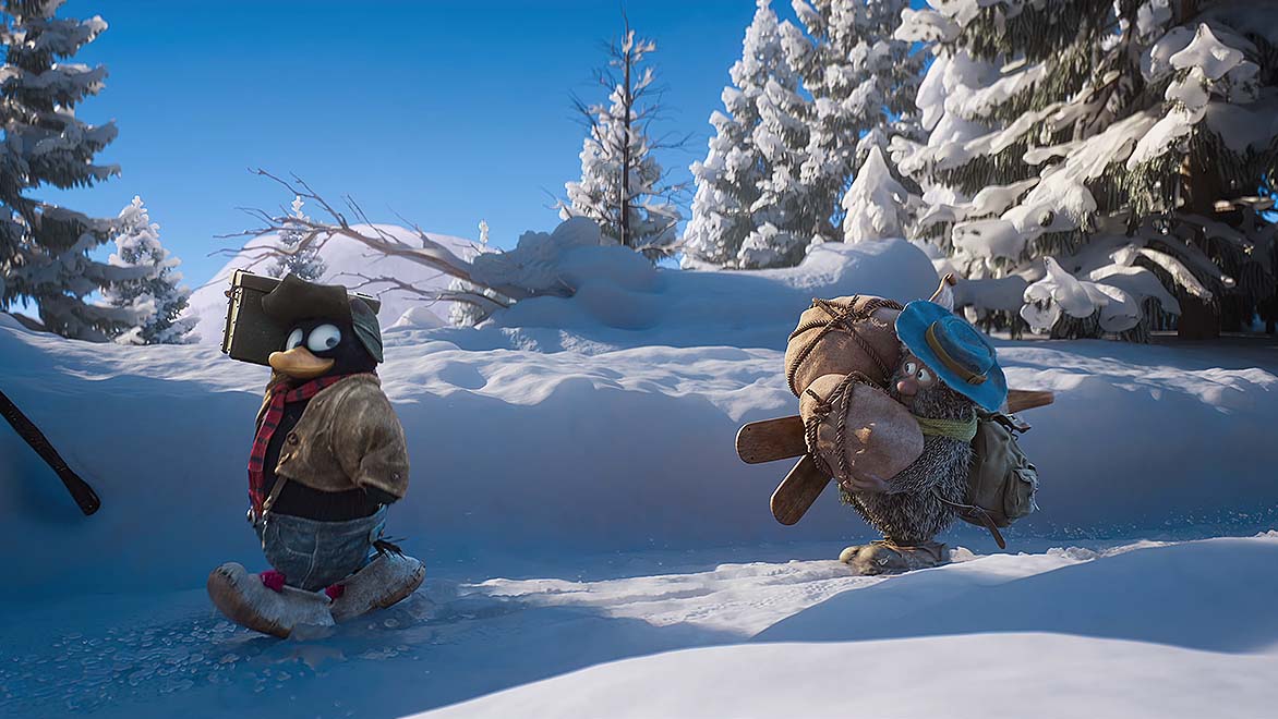 Two animated creatures trekking through the snow