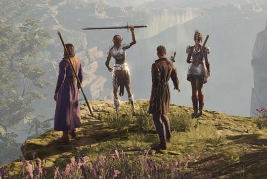 站在草坡上的四个《博德之门 3》角色 