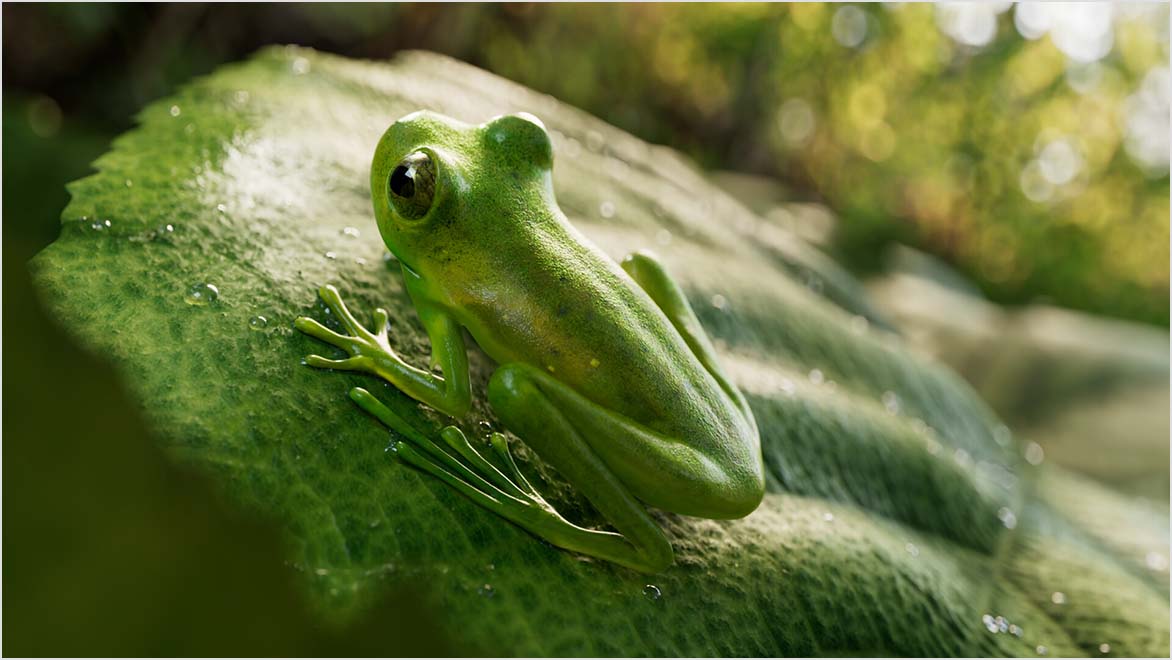 Autodesk Mudbox로 제작한 잎에 놓인 초록색 안데스 거대 유리 개구리의 CG 렌더링 