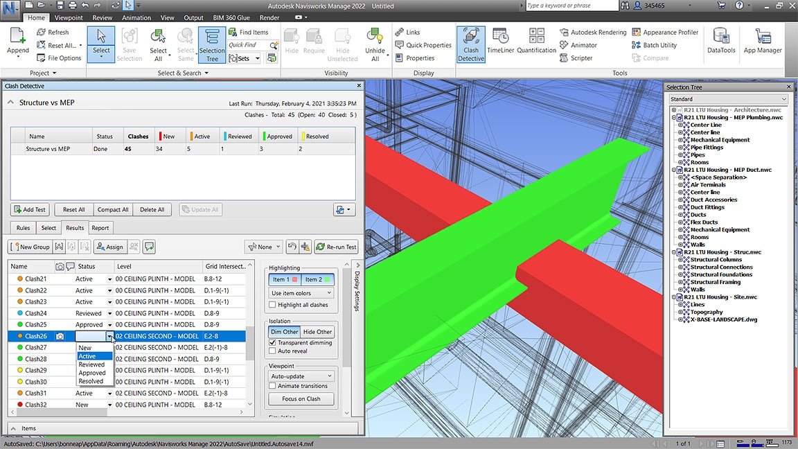 3D model showing a clash between two color-coded steel beams