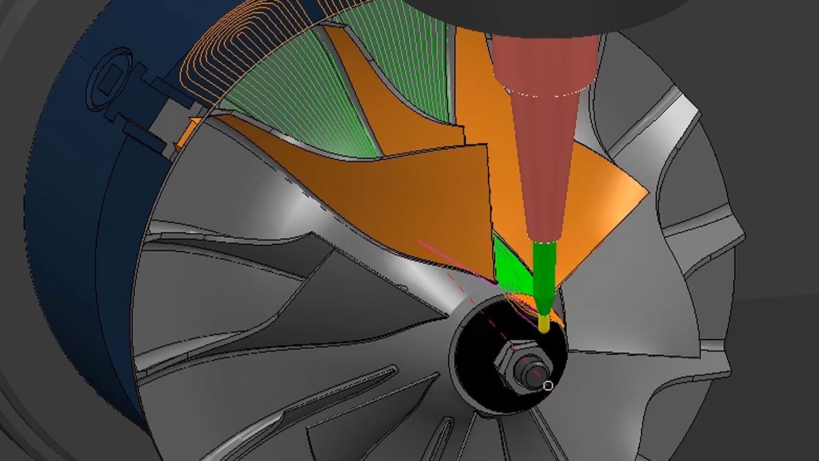 PowerMill interface showing the use of templates to automate the CAM programming of an impeller 