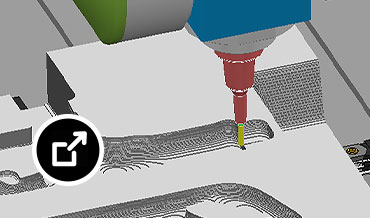 Benutzeroberfläche von PowerMill mit Abtrag von Rohteilmaterial an einem 3D-Formwerkzeug