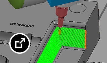 PowerMill interface showing a toolpath being simulated with a digital twin of a CNC machine 