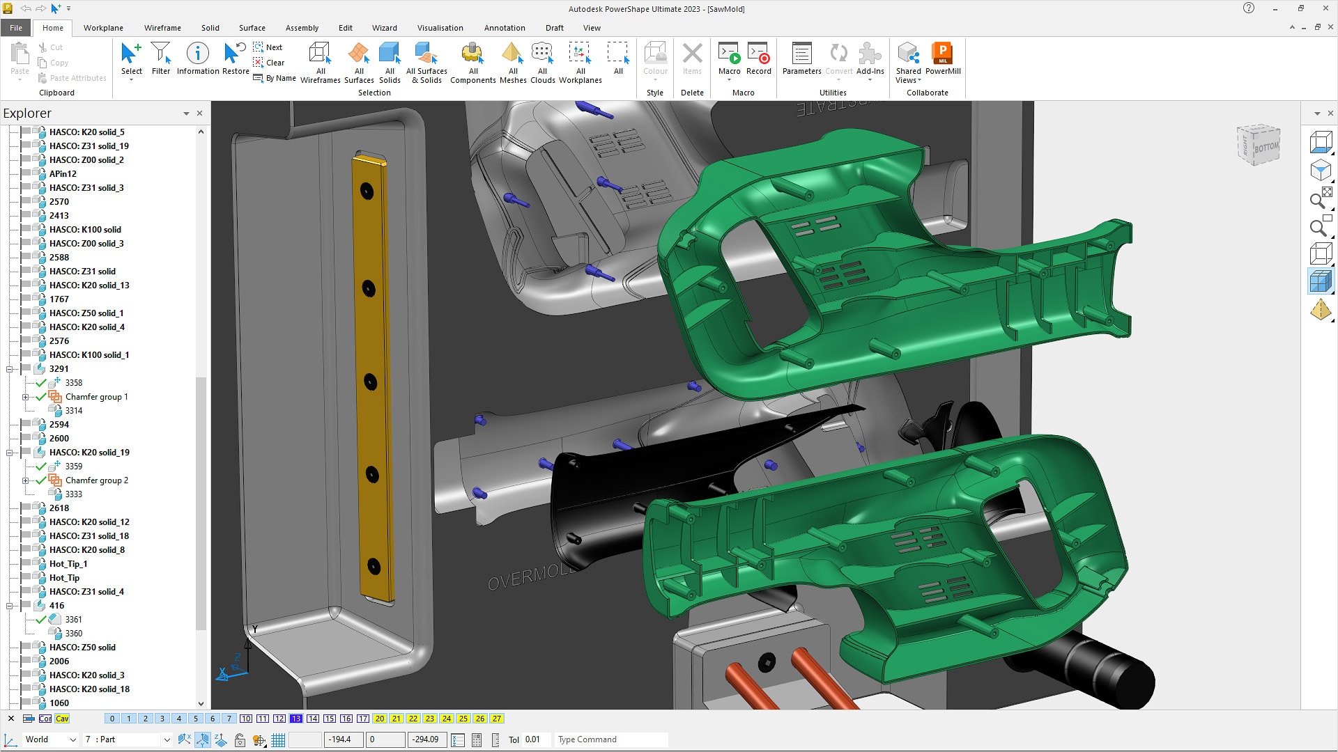 PowerShape interface showing the core plate from an injection mold tool