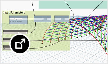 Pannello Dynamo in Revit sovrapposto al modello 3D di una struttura ricurva