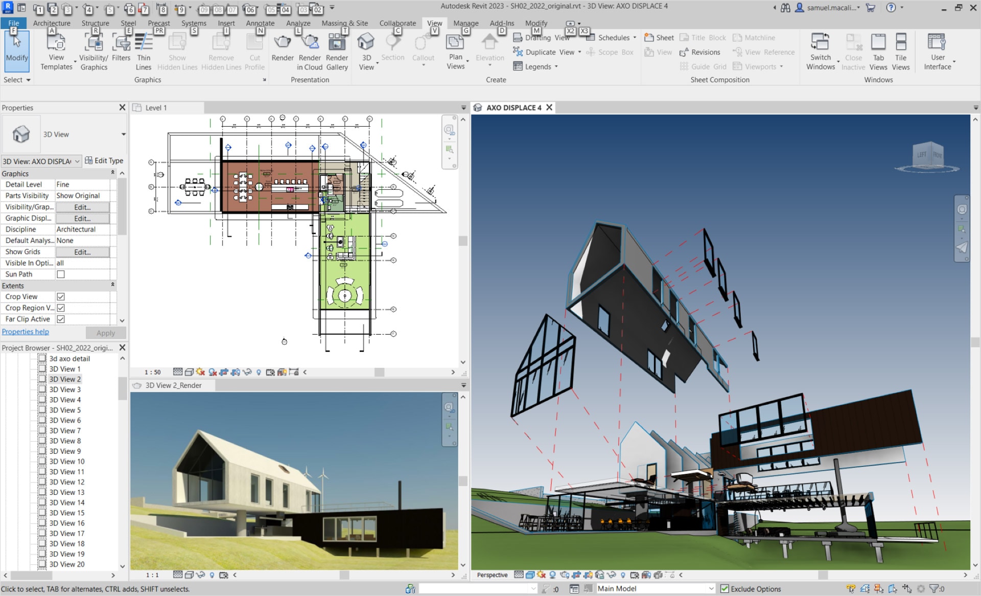 Views of a modern house in Revit user interface  