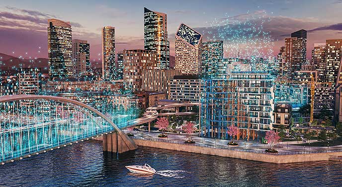 Městská krajina v noci vykreslená v aplikaci Autodesk Revit