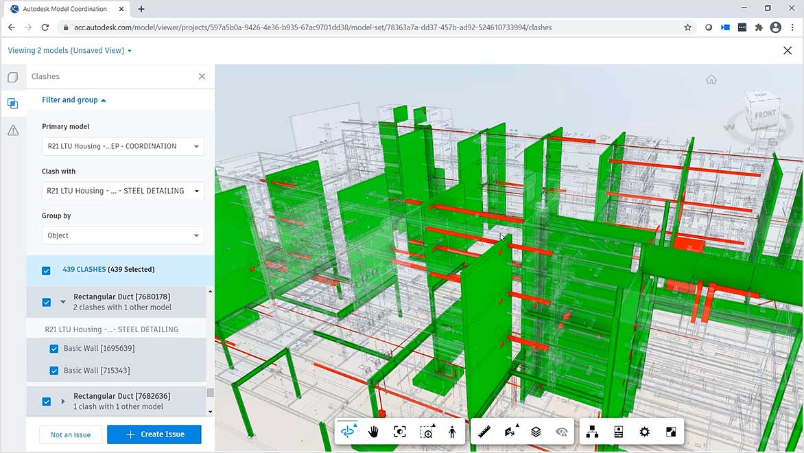 Diseño de edificios abierto en Autodesk Revit que muestra las opciones de filtrado y agrupación