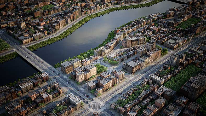Vista aerea del rendering di un paesaggio urbano in Twinmotion for Autodesk Revit