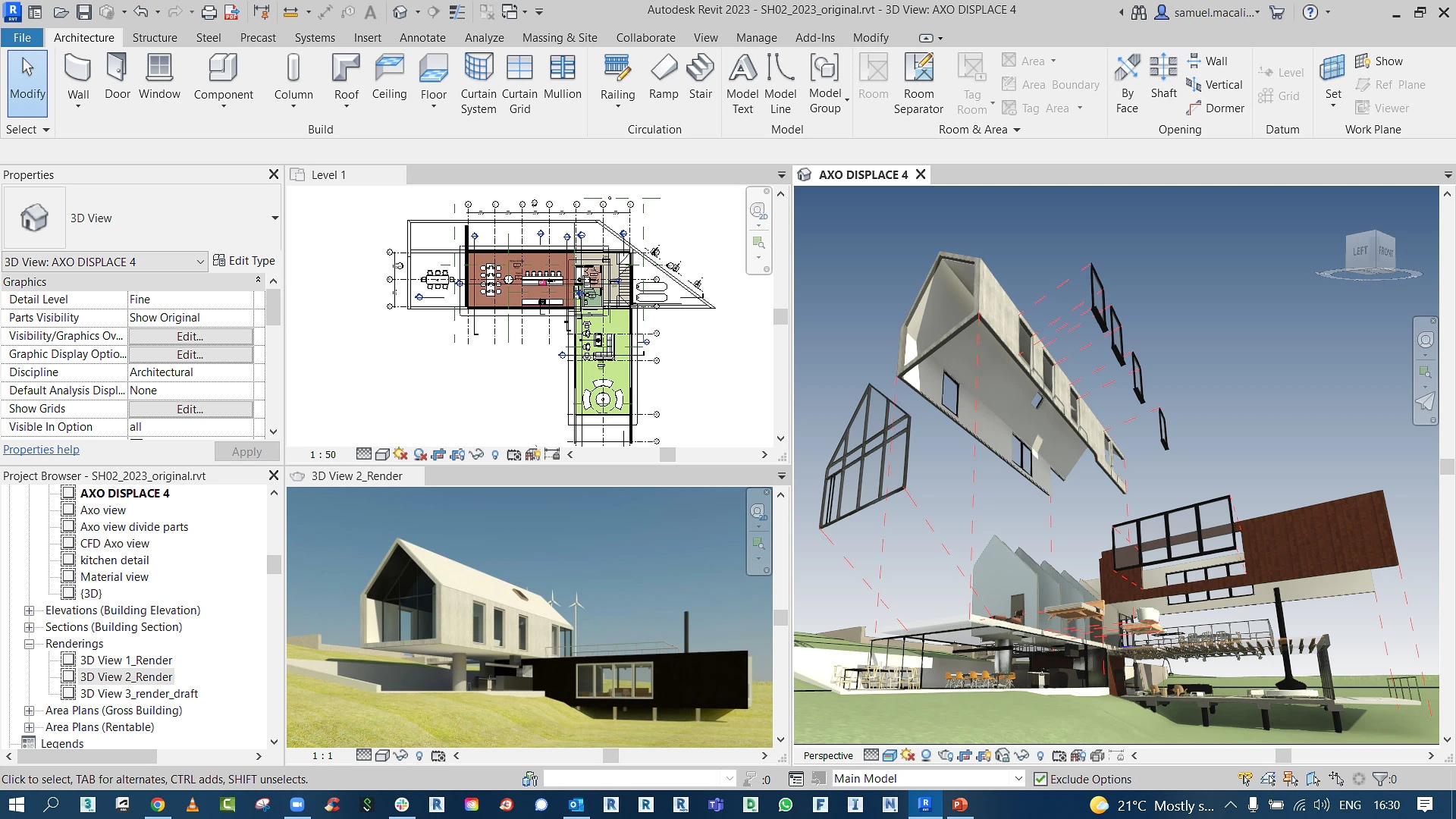 Views of a modern house in Revit user interface  