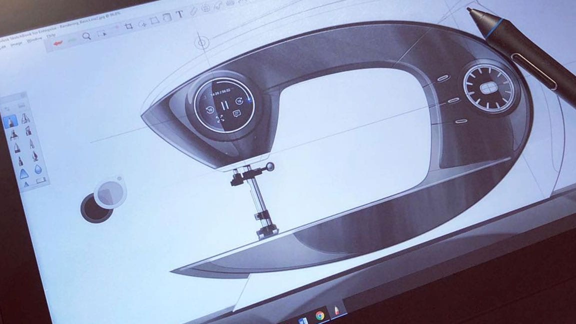 Schets van een zwarte naaimachine op een tablet met stylus