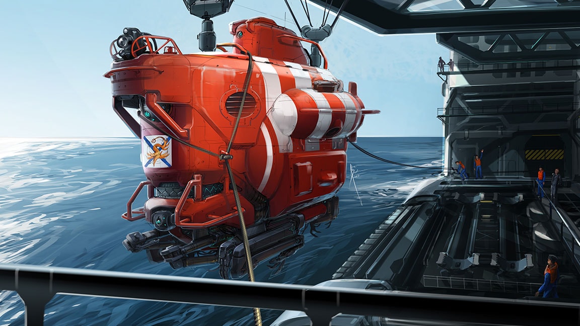 Red submarine suspended with ropes and pulleys over the ocean