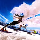 Drie vrouwelijke skateboarders rijden van een heuvel af met op de achtergrond een blauwe lucht en stadspanorama