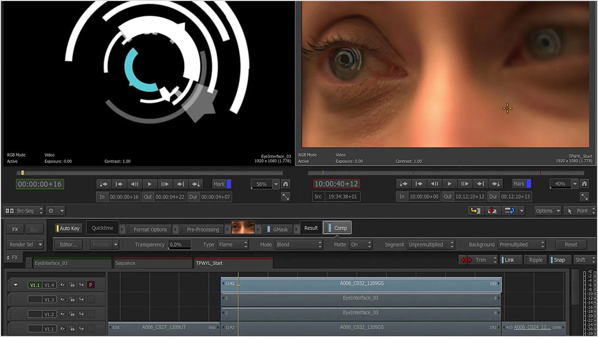 Shot of human eyes overlaid with a circular interface in the Smoke Timeline environment