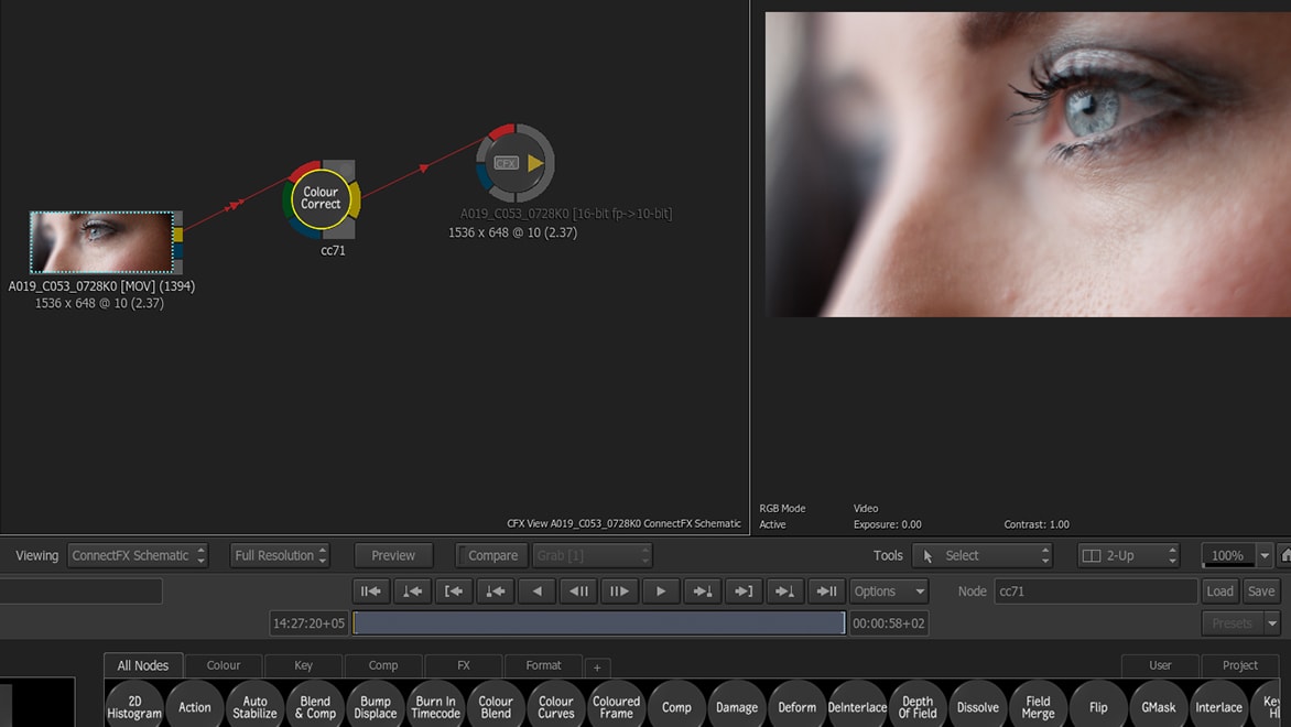 User interface of Smoke with a shot of a woman’s eye in the ConnectFX view