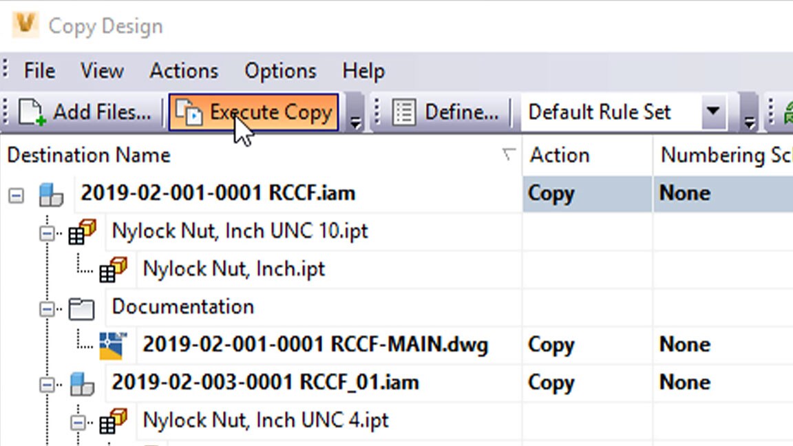 Interface do usuário do Vault PDM com a opção Execute Copy selecionada e o painel Copy Design aberto