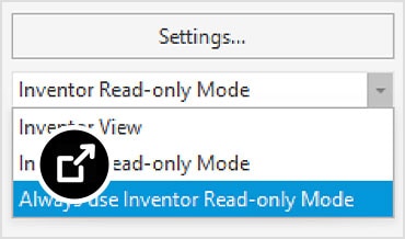 Vault interface with open dialog to set open file behavior to Inventor read-only mode