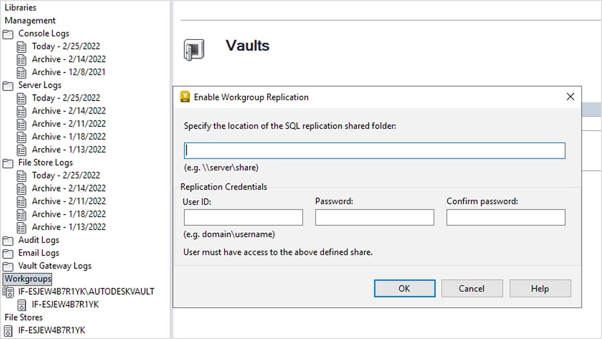 Vault server control window with open replication control window 