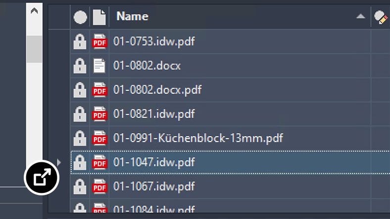 Vault Officen käyttöliittymä, näkyvissä suunnitteludokumentaation tiedostoja