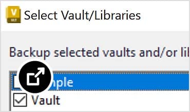 Vault server backup and restore wizard with open dialogue to select vaults and libraries