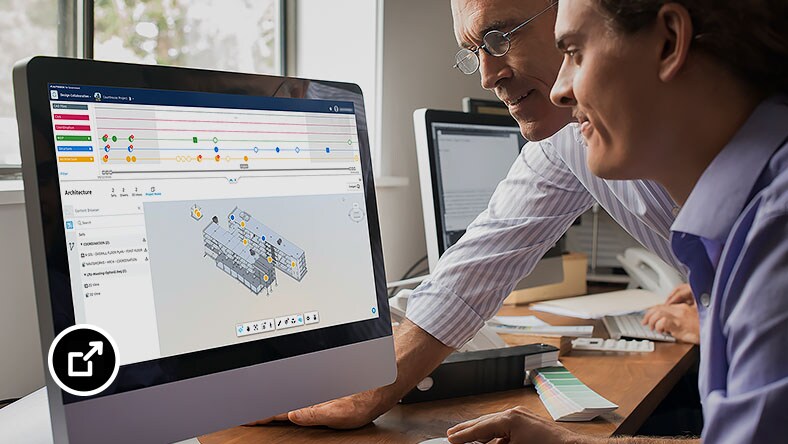 Two people using Autodesk BIM Collaborate Pro for Government on a desktop computer 