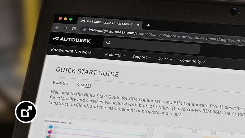 Laptop screen displaying Quick Start Guide for BIM Collaborate