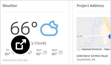 Insight dashboard showing project address, map, weather, design packages, issues, approval reviews, and risk factors 