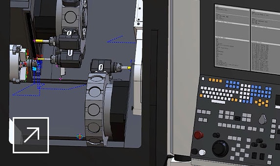 Nacamphe-Tome CNC 기계의 위쪽 터릿과 아래쪽 터릿에서 수행되는 기계 가공 작업의 시뮬레이션을 보여주는 CAMplete TurnMill 사용자 인터페이스