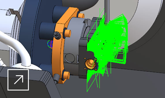CAMplete TruePath user interface showing the simulation of cutting moves and non-cutting connections in a 5-axis machining programme