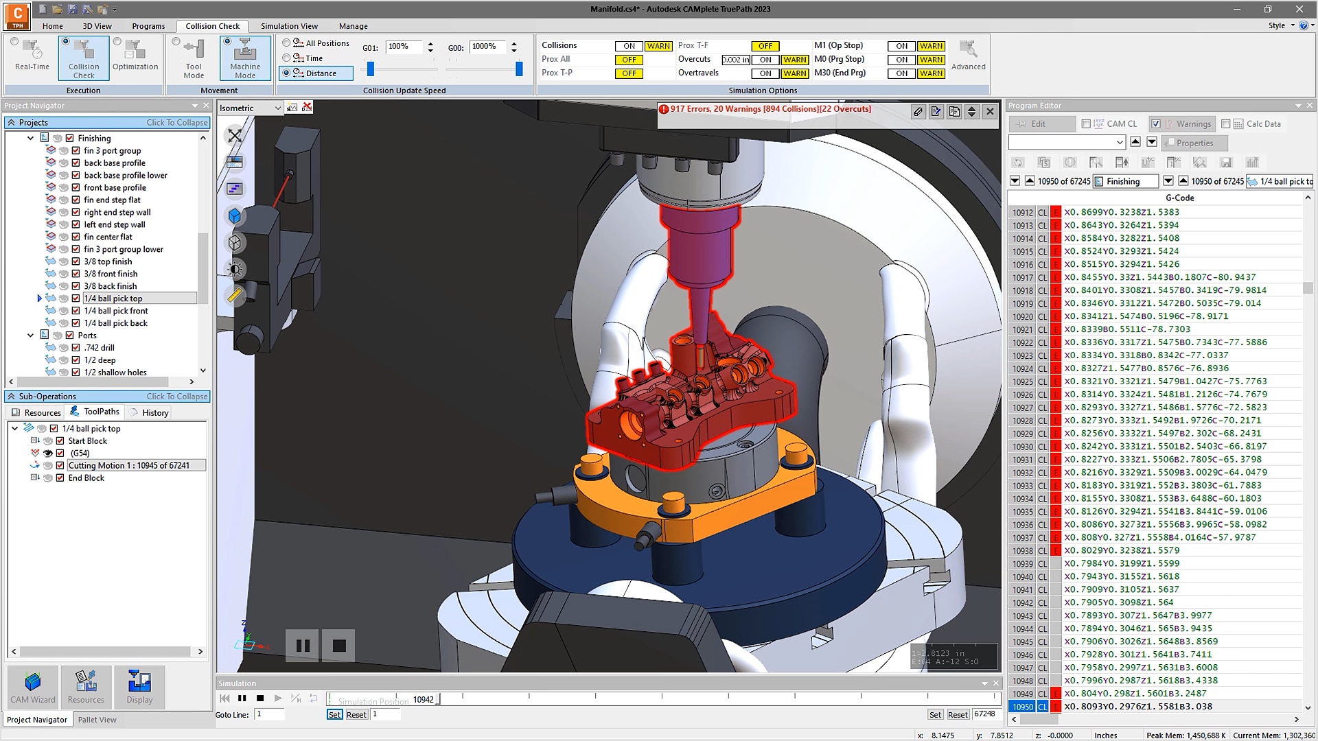 Benutzeroberfläche von CAMplete TruePath mit Simulation eines CNC-Bearbeitungsprogramms  