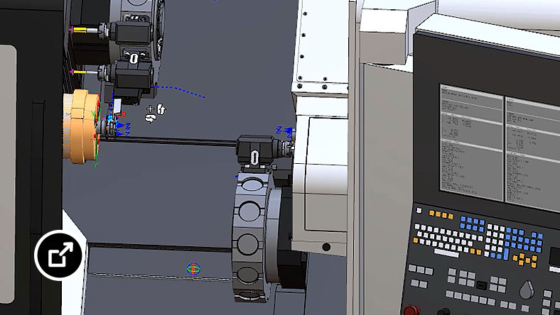 Nacamphe-Tome CNC 기계의 위쪽 터릿과 아래쪽 터릿에서 수행되는 기계 가공 작업의 시뮬레이션을 보여주는 CAMplete TurnMill 사용자 인터페이스
