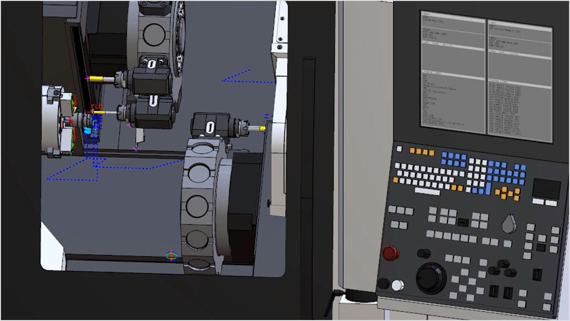CAMplete TurnMill user interface showing a machine simulation 