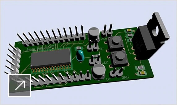 Modèle 3D en couleurs d'un circuit imprimé réalisé avec EAGLE