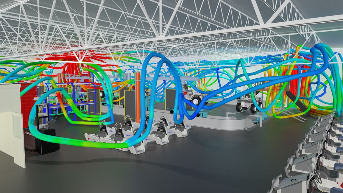 工場レイアウトにおける空調・換気システムの気流を 3D 表示