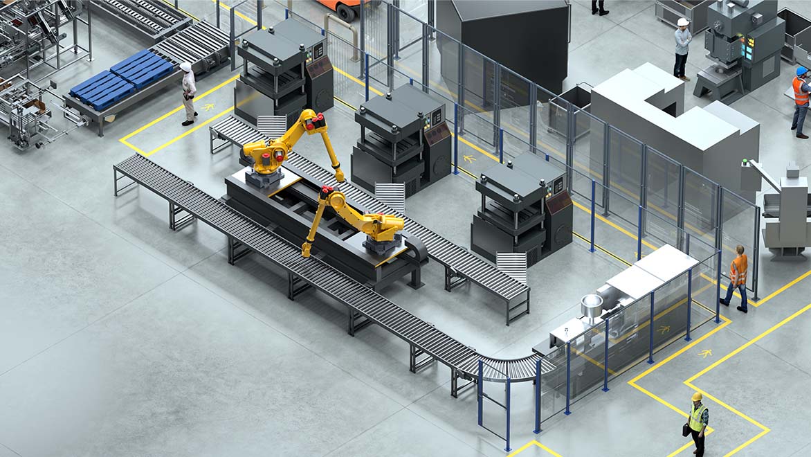 Factory equipment to manufacture and transport the product, placed using Autodesk Factory Design Utilities