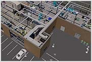 건물, 장비 배치 및 HVAC가 포함된 3D 공장 모델
