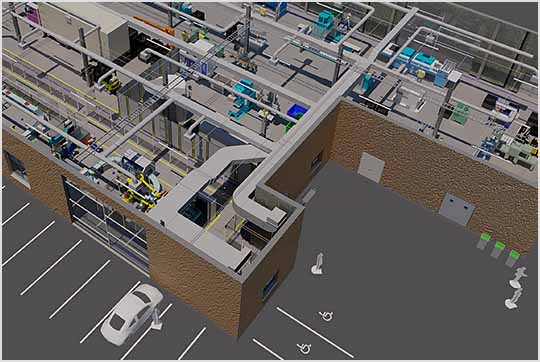 3D factory model containing the building, equipment layout, and HVAC
