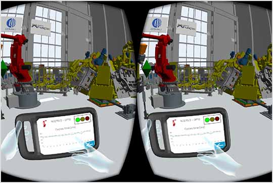 An automotive assembly line, viewed through a VR headset