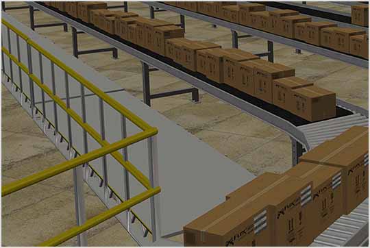 A warehouse model featuring conveyors and racks