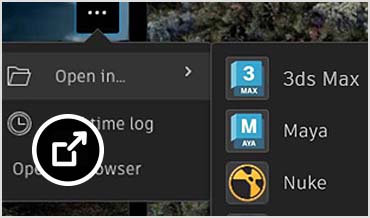 Project selection screen with options to open in 3ds Max, Maya, Nuke, Photoshop, and more 