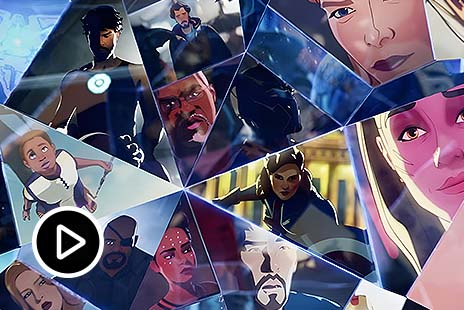 Collage van geanimeerde gezichten uit de reeks “What If...?” van Marvel Studios