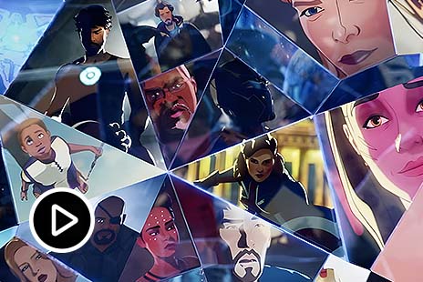 Collage of animated faces from Marvel Studios’ 'What If...?' series