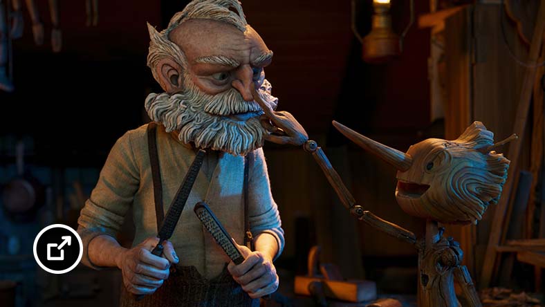 Pinocchio and Geppetto in Guillermo del Toro’s Pinocchio