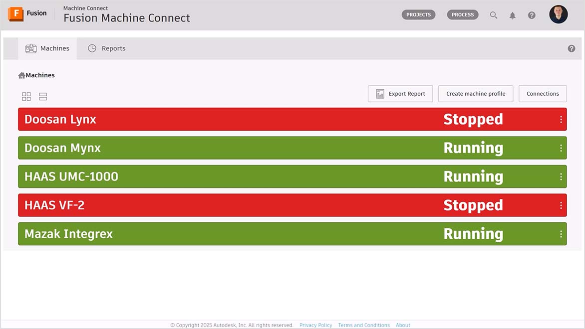 Image: The Fusion Machine Connect interface showing the status of multiple CNC machines 