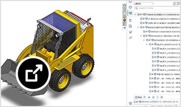 3D backhoe design in Solidworks showing integration with Fusion Manage