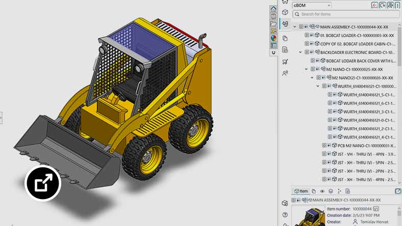 3D backhoe design in Solidworks showing integration with Fusion Manage