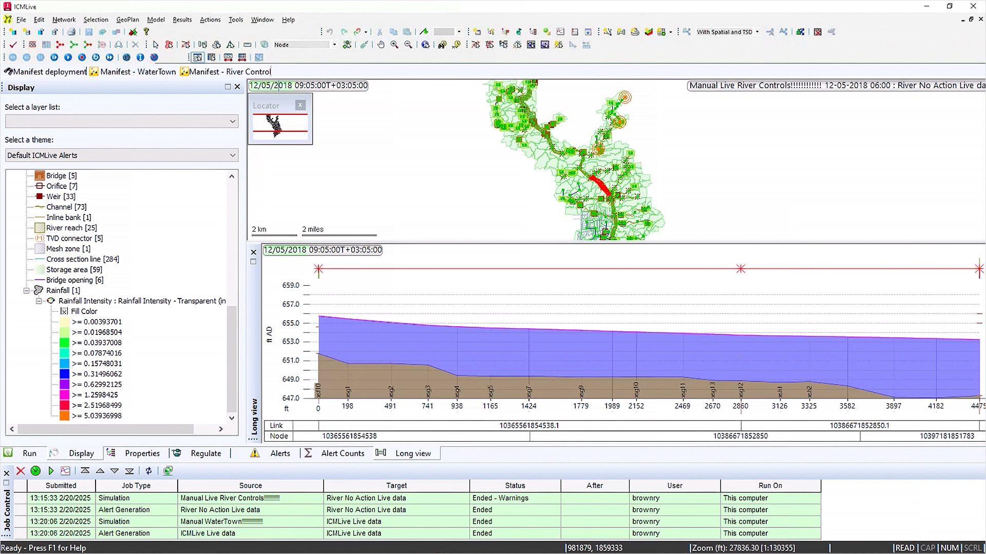ICMLive software showing a city with colourful visuals indicating the areas prone to flooding 