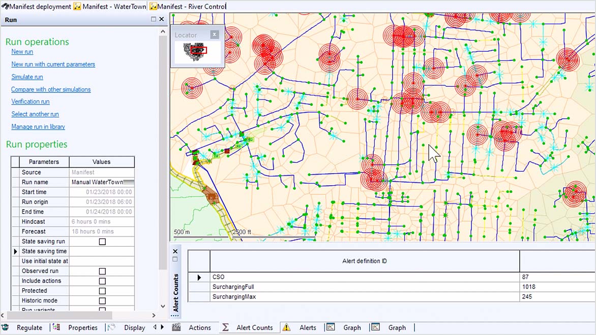 Autodesk ICMLive displays a sanitary sewer system map with color overlays indicating areas with potential overflow events.